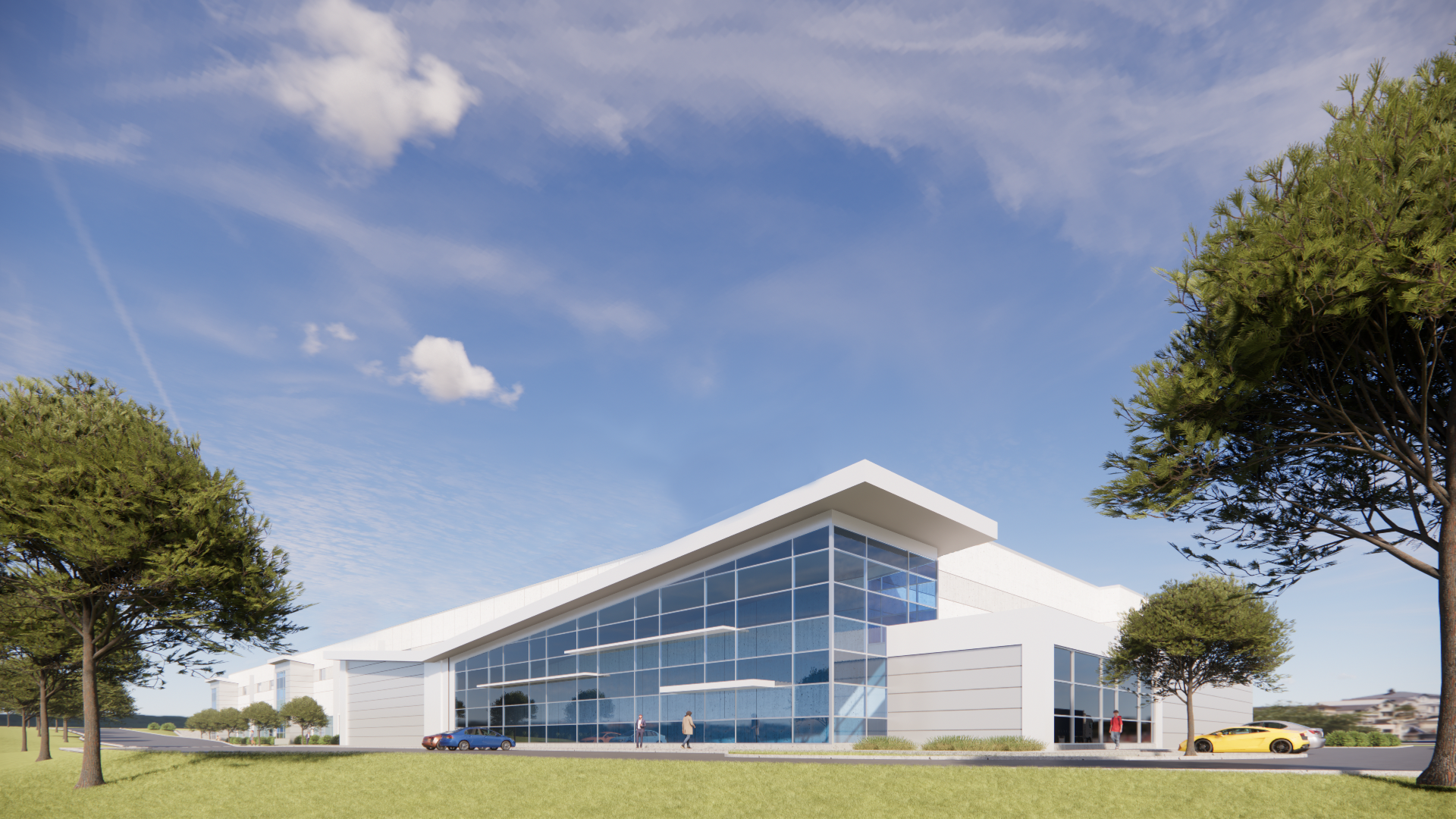 Rendering of a sleek, modern Karis Critical Naperville data center with clean architectural lines, large glass windows, and a landscaped exterior under a vibrant blue sky.