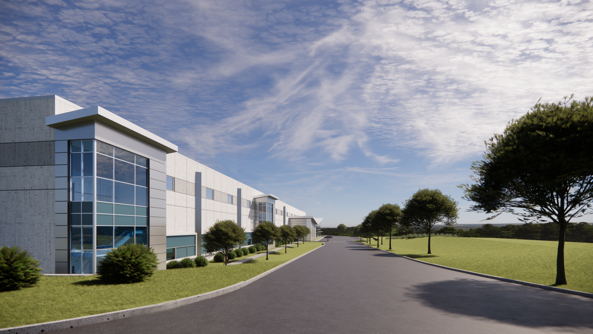 Rendering of a sleek, modern Karis Critical Naperville data center with clean architectural lines, large glass windows, and a landscaped exterior under a vibrant blue sky.