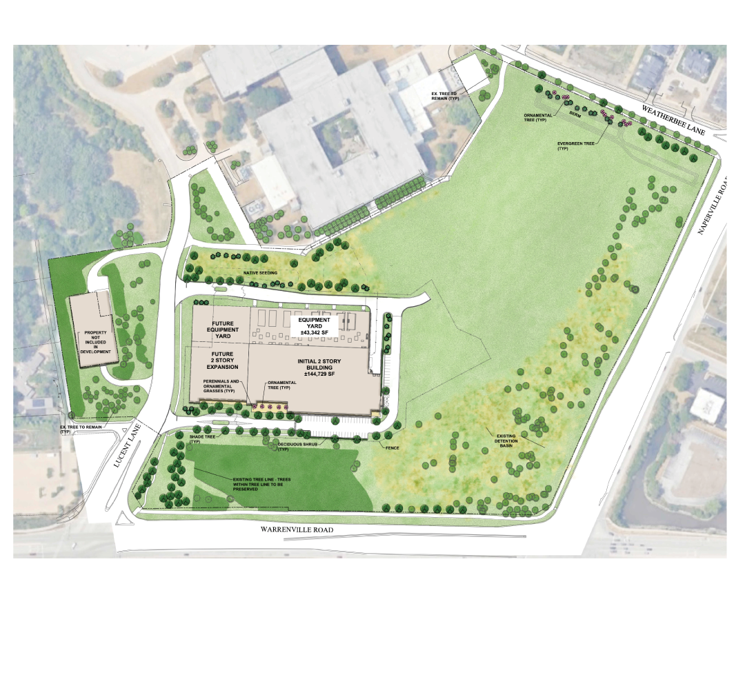 Footprint Rendering of a sleek, modern Karis Critical Naperville data center with clean architectural lines, large glass windows, and a landscaped exterior under a vibrant blue sky.