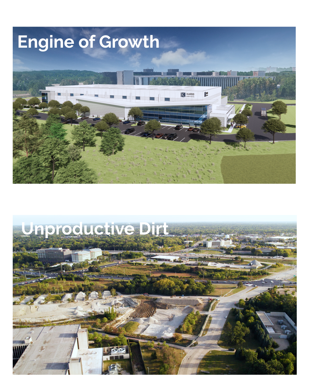 Growth_Dirt Rendering of a sleek, modern Karis Critical Naperville data center with clean architectural lines, large glass windows, and a landscaped exterior under a vibrant blue sky.