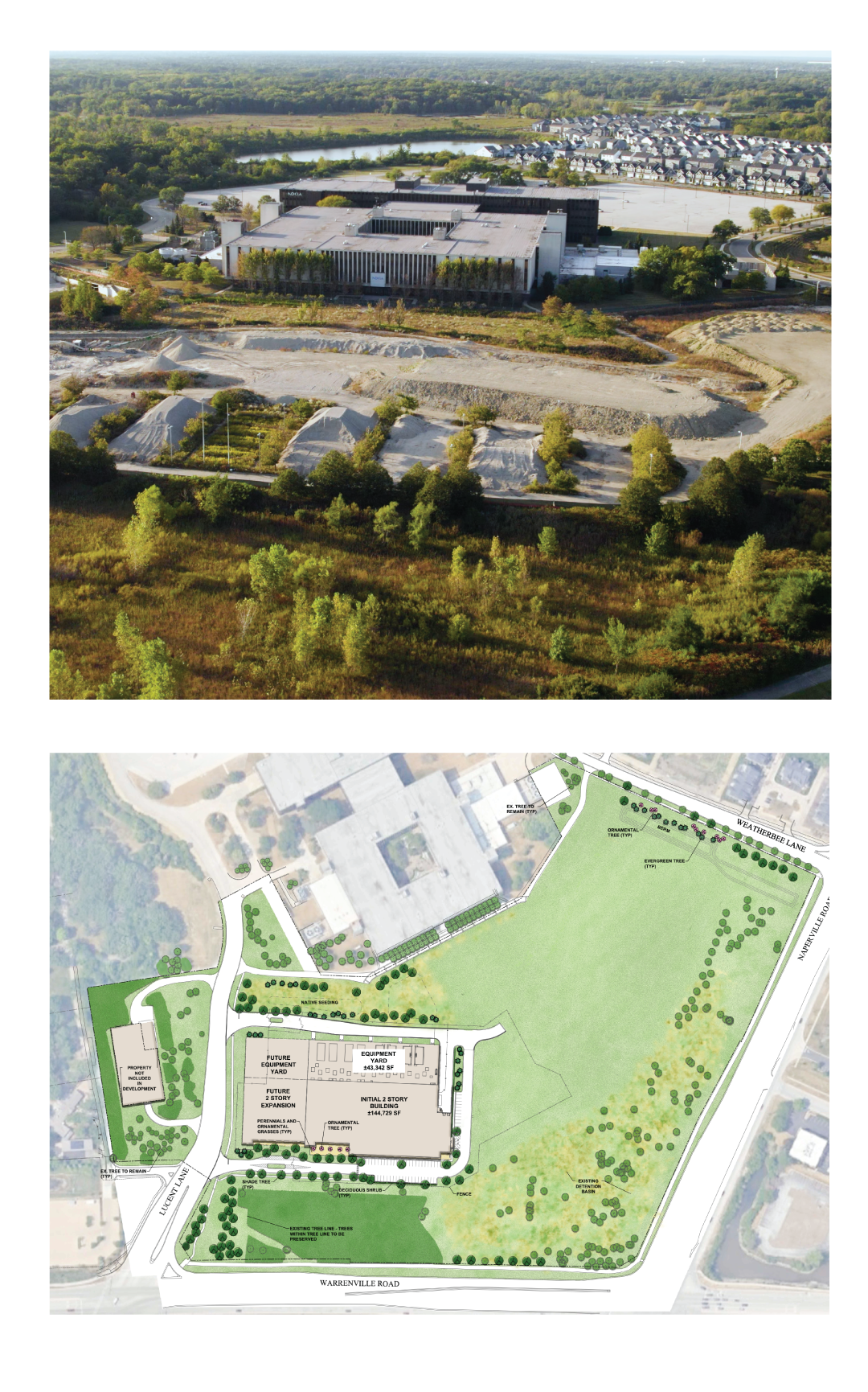 Site-Layout-1-b-a Architectural rendering of a modern Karis Critical Naperville data center facility surrounded by landscaped greenery and adjacent infrastructure, showcasing a sleek, glass-accented design and secure vehicle access.