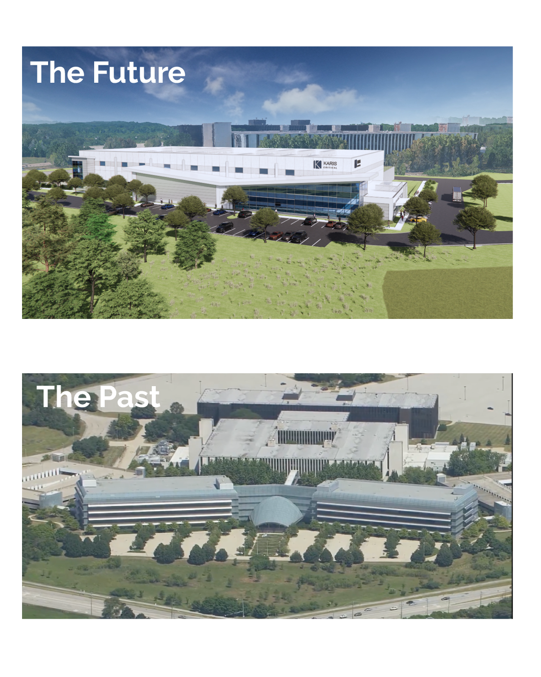 The_Past_The_Future-clear Rendering of a sleek, modern Karis Critical Naperville data center with clean architectural lines, large glass windows, and a landscaped exterior under a vibrant blue sky.